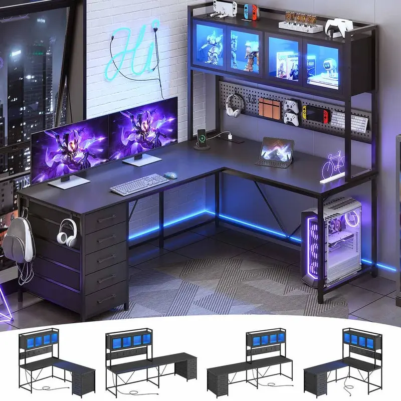 Sikaic 62 Inches LED Reversible L Shaped Gaming Desk With Power Outlet Storage Drawers Hutch and Pegboard Furniture Ergonomic Modern Dual Monitor Stand