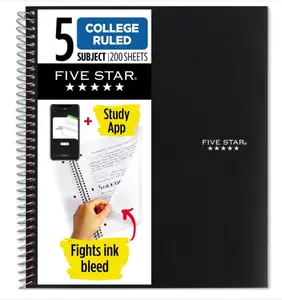 Five Star Spiral Notebook + Study App, 5 Subject, College Ruled Paper, Fights Ink Bleed, Water Resistant Cover, 8-1/2" x 11", 200 Sheets, Black (72081)-Back to school