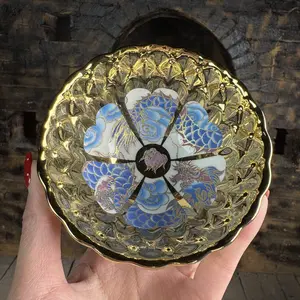 Handmade tea cup with gilded enamel and dragon phoenix patterned petals