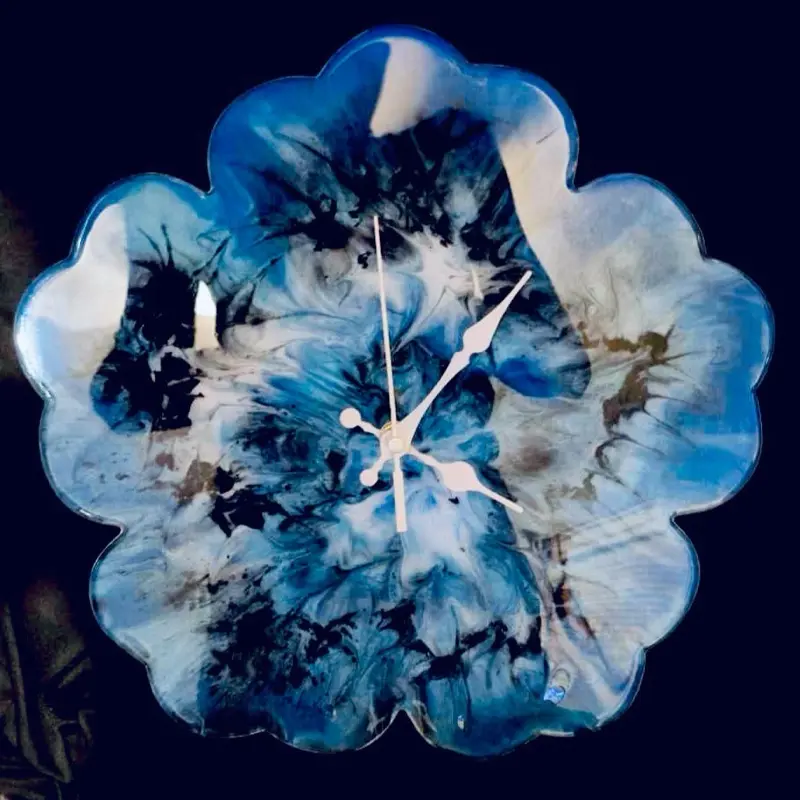 Handmade Clock with Blue and Black Patterned Design, Flower Shape