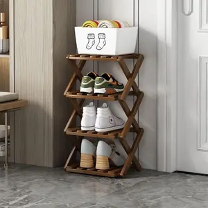 Bamboo, 1 Count 4 Layer Foldable, Free Standing Shoe Storage Rack for Entryway, Closet, Bedroom, Hallway, Wooden Shoes Rack