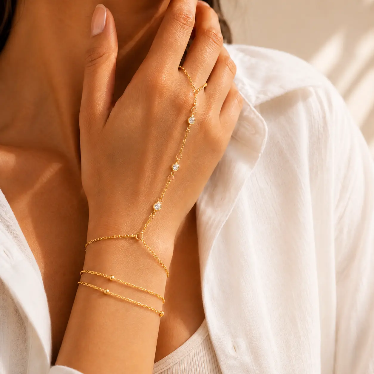 17KM Gold Bracelets for Women, 14k Gold Plated Hand Chain Bracelet, 2 Pcs Ring Bracelets for Women Trendy Dainty Cubic Zirconia Bracelet Ring Bracelet Hand Jewelry Adjustable 6.3'+2',summerwins