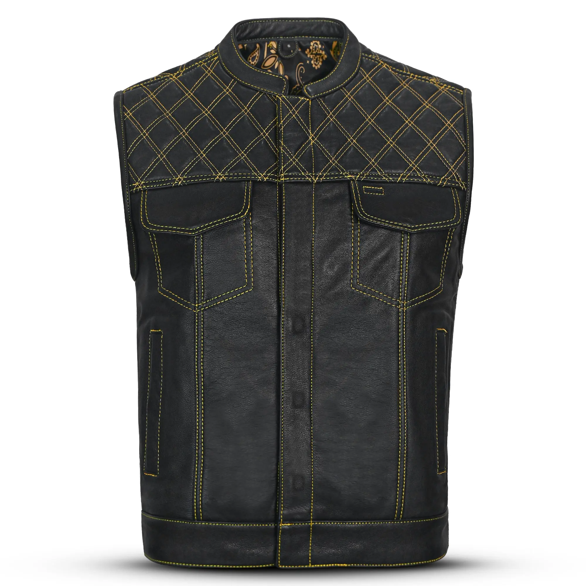 Gold Diamond Stitch Men's Motorcycle Leather Vest with Bandana Liner MC20111