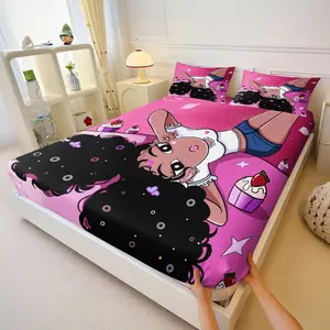 Y2K Cute Afro Black Girl Fitted Sheet Sets,Pink Starry Cupcake Print Bed Sheet Sets,Includes 1 Fitted Sheet & 2 Pillowcases,Soft Wrinkle-Resistant Microfiber Bedding for Teen Girls Bedroom Dorm,Perfect Gift for Black Girls & Y2K Fans