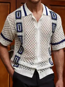 Men's Summer Striped Checked Knit Fitted Cardigan, Knitwear Tops, Breathable Hollow Out Fabric, Soft and Comfortable, Casual Style for Daily Wear or Vacation