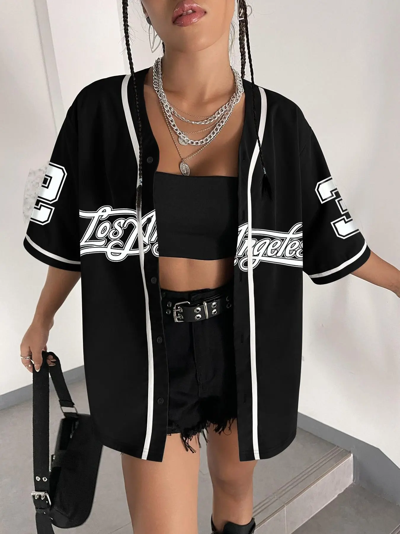 Women's Number Print Baseball Jersey, Casual Fashion Loose Letter Print Short Sleeve Button Design Blouse for Daily Wear, Ladies Clothes for All Seasons, Jersey Shirts, Casual Sporty Top