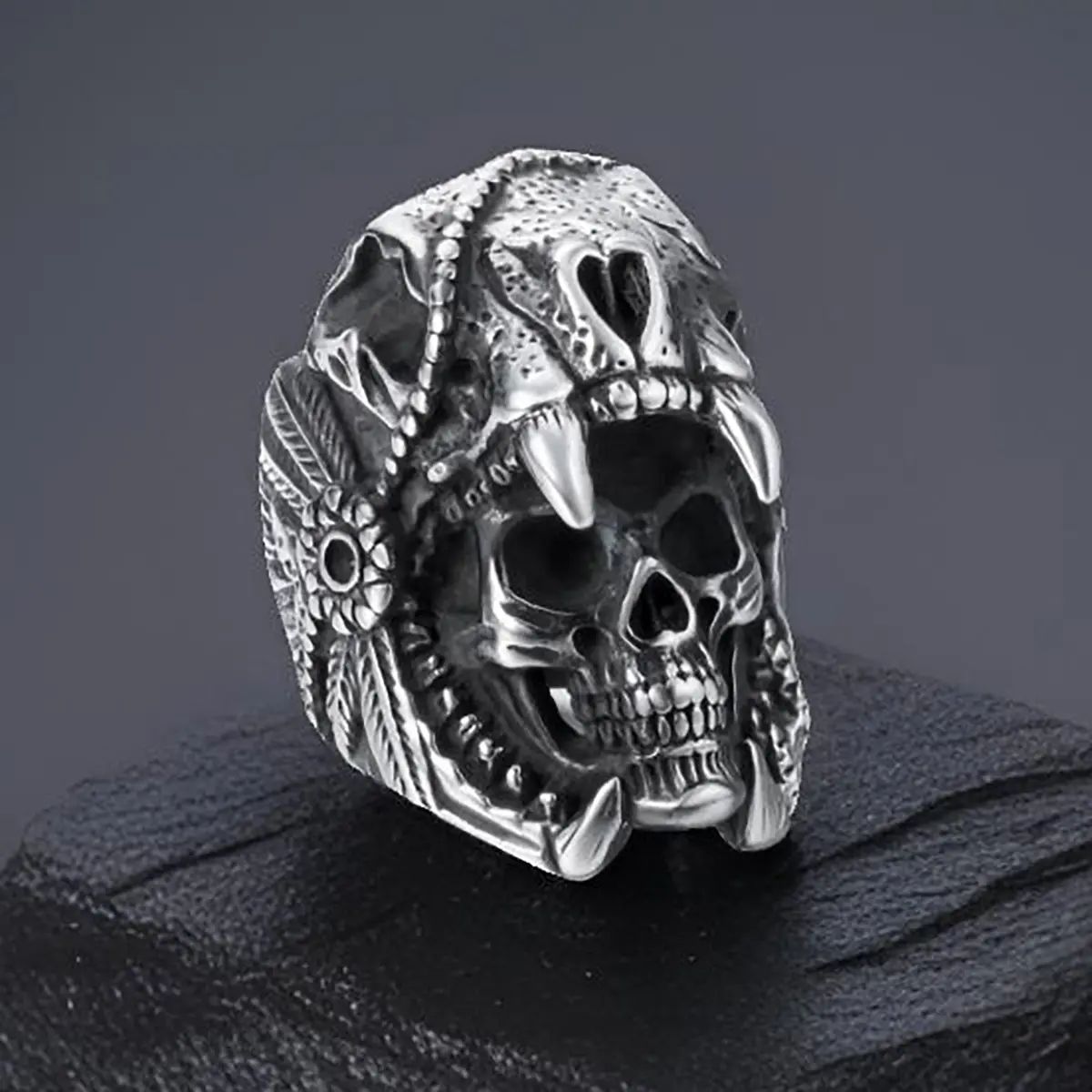 Mens Stainless Steel Cool Skull Ring - Retro Punk, Vintage Indian Tribes Jaguar Warrior Biker Jewelry - Great for Halloween Cosplays, Gift for Him, Sizes 8-13