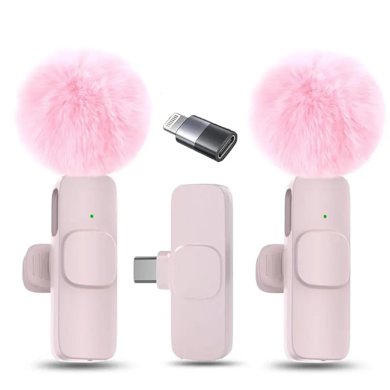 Portable Wireless Lapel Microphone Set - Pink Dual Mics with Noise Cancellation, Plug-and-Play, Rechargeable Receiver for iPhone, Android, Smartphones