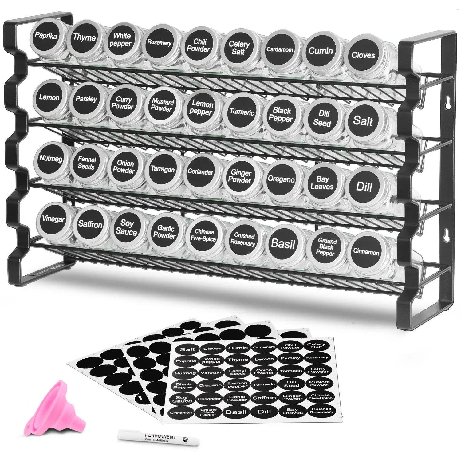 【Summerfinds】VEVOR Spice Rack Organizer for Cabinet, Spice Organizer with 36 Empty Spice Jars, Lids, Spice Labels, and Funnel Complete Set, Seasoning Organizer for Countertop, Kitchen, Pantry, Cupboard, 18x11 in