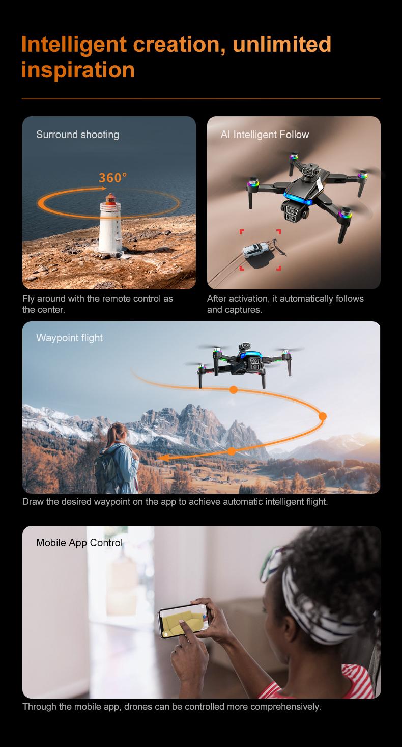 YCMDCGIE GPS drone is equipped with a 4K camera and comes with a 4.5-inch LCD remote controller. It features professional GPS intelligent tracking, AI smart return, follow mode, brushless motors, and a foldable design. YCMDCGIE GPS drone is equipped with a 4K camera and comes with a 4.5-inch LCD remote controller. It features professional GPS intelligent tracking, AI smart return, follow mode, brushless motors, and a foldable design.