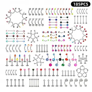 185PCS Fashion Piercing Jewelry – Gorgeous 14G-18G Mixed Set – Hypoallergenic & Nickel Free – Sparkling Tongue Rings, Nipple Barbells, Nose Studs, Belly Button, Eyebrow, Lip, Tragus, Navel – Jewelry Only Assorted Color
