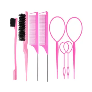 8Pcs Hair Brushes Set with 4Pcs Topsy Hair Tail Tools 1Pcs Bristle Teasing Hair Brush 1Pcs Edge Control Brush 2Pcs Metal Pin Rat Tail Combs for Woman Girl hair Styling,Edge&Back Brushing,Pink
