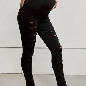 Maternity High Waist Jeans with Tummy Support in Durable Cotton Blend Material - Comfy & Stretchy for Outdoor Activities