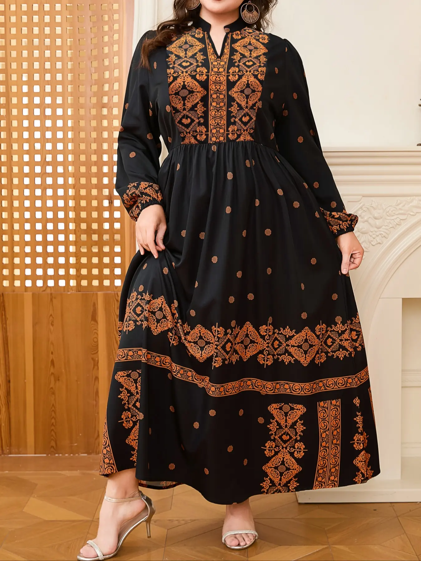 Women's V Neck Long Sleeve Maxi Dress, Casual Boho Bohemian Comfortable Printed Fabric, Plus Size Fashion for All Seasons, Casual Boho Style