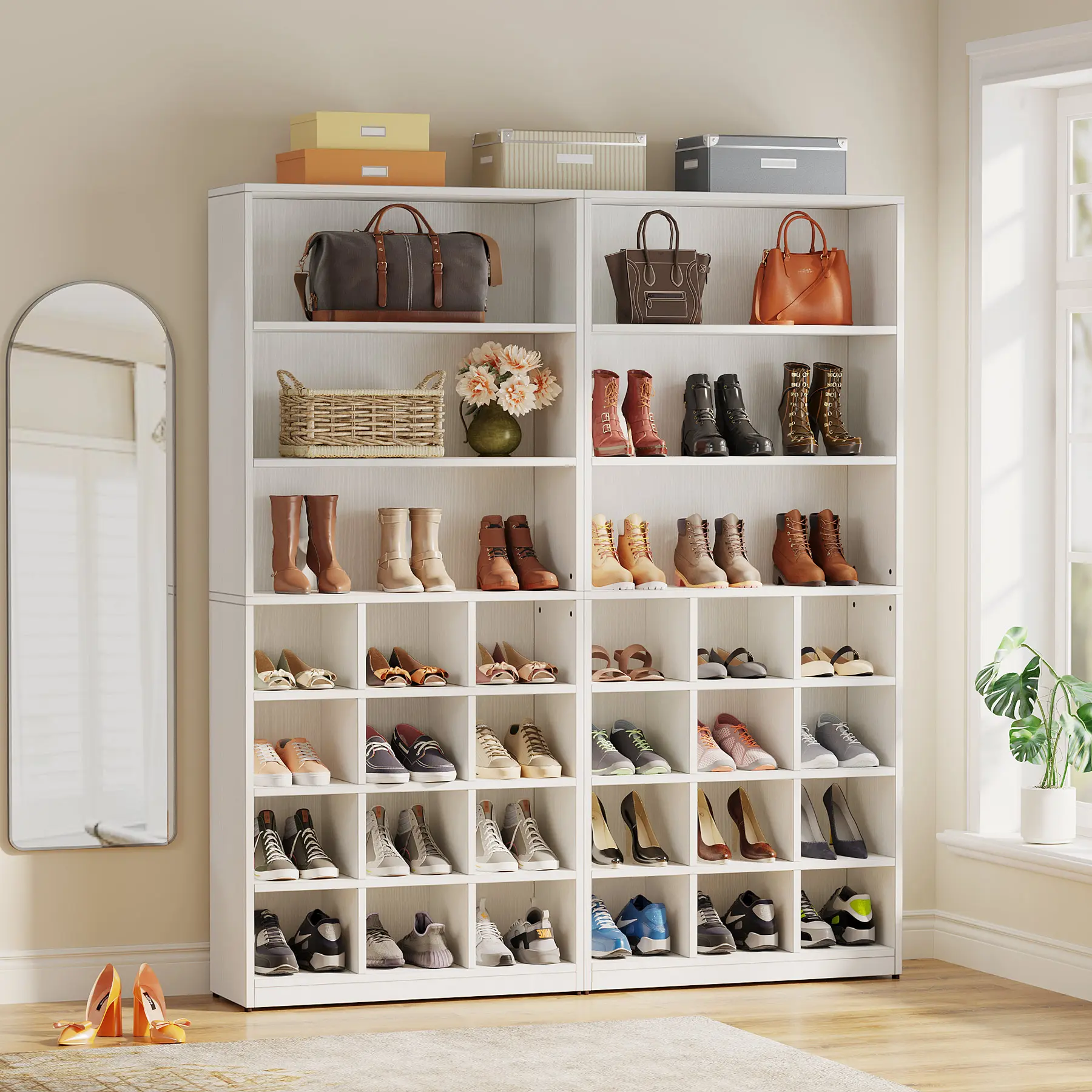 Tribesigns  Modern Shoe  Cabinet, 24 Pair Freestanding Shoe Rack Storage Organizer with Side Hooks, with Shelves for Hallway Bedroom Closet Entryway