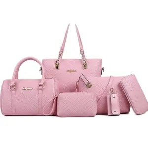 Women's Bag Full Set - Pink Quilted Design Includes Handbag, Purse, Wallet & Keychain Accessories