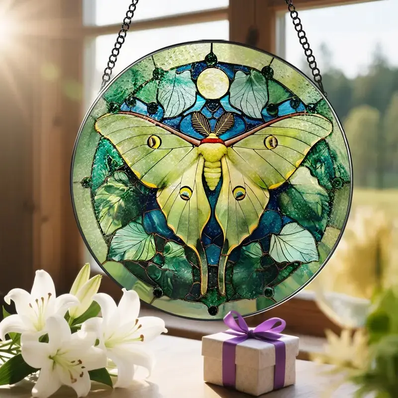 Luna Moth Stained Glass Sun Catcher, Hangable Stained Glass Hanging Decor, Home Inspo Nature Art Room Art, Ideal Gift for Gift Exchanges, Decorative, Window Hanging Bird Art, Sympathy Memory Gift, Spring Decor