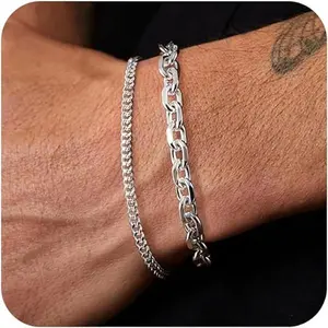 Tewiky Greenish Spring Jewelry Silver Cuban Charm Link Chain Bracelets for Men Boys,  Silver Thin Chunky Chain Bracelet O-Linked Chain Silver Father ‘day Gift  6.5-9 inch