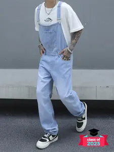 Men's Solid Color Denim Overalls, Casual Street Fashion Regular Fit Sleeveless Pants for Daily Wear, Men's Bottoms for Spring & Fall, Cotton