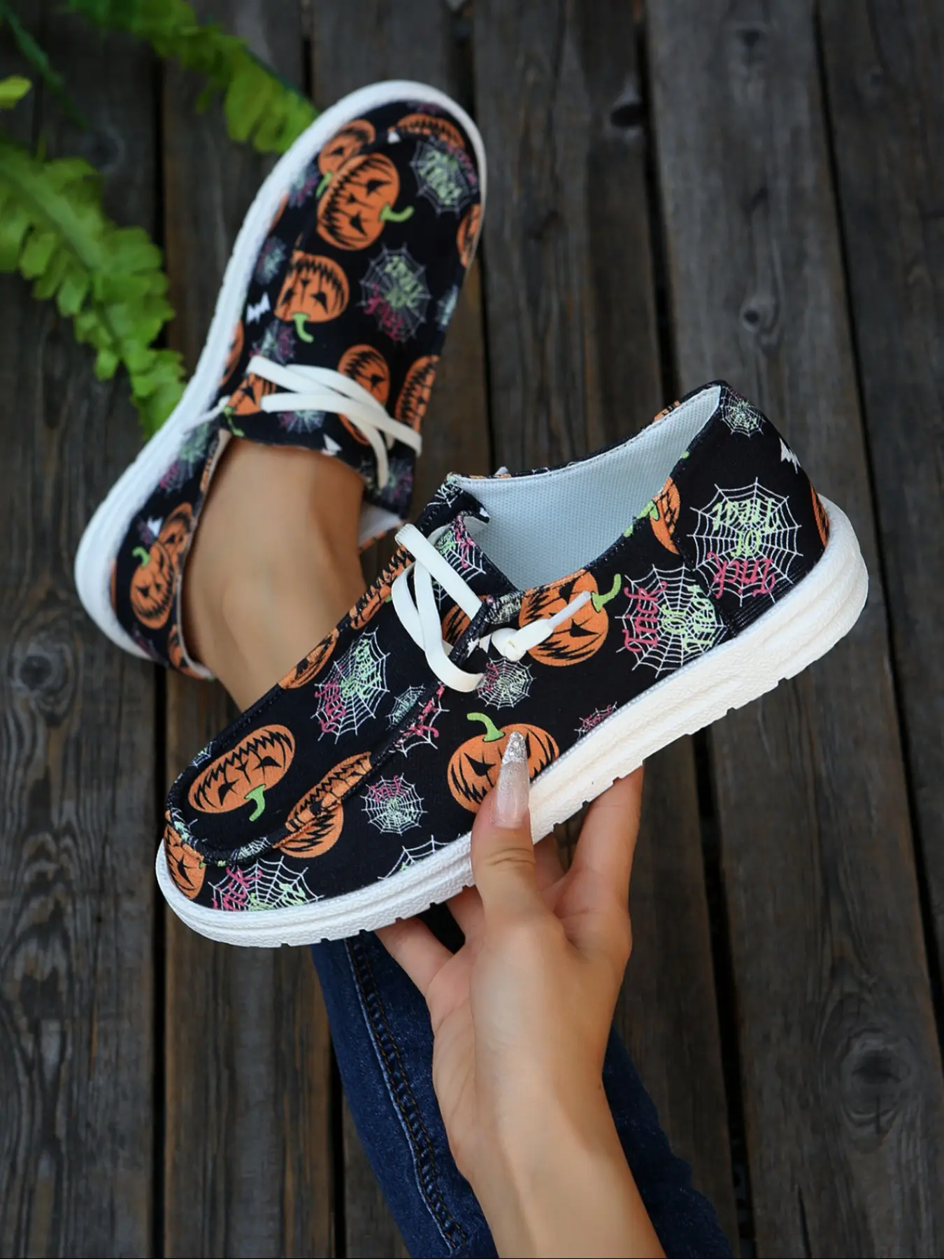 Women's Casual Printed Canvas Shoes, Pumpkin Design, Comfortable Breathable Walking Flats, Perfect for Halloween Parties & Daily Wear