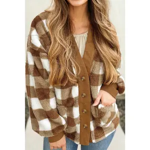Checker Sherpa Button-Up Pocketed Cardigan