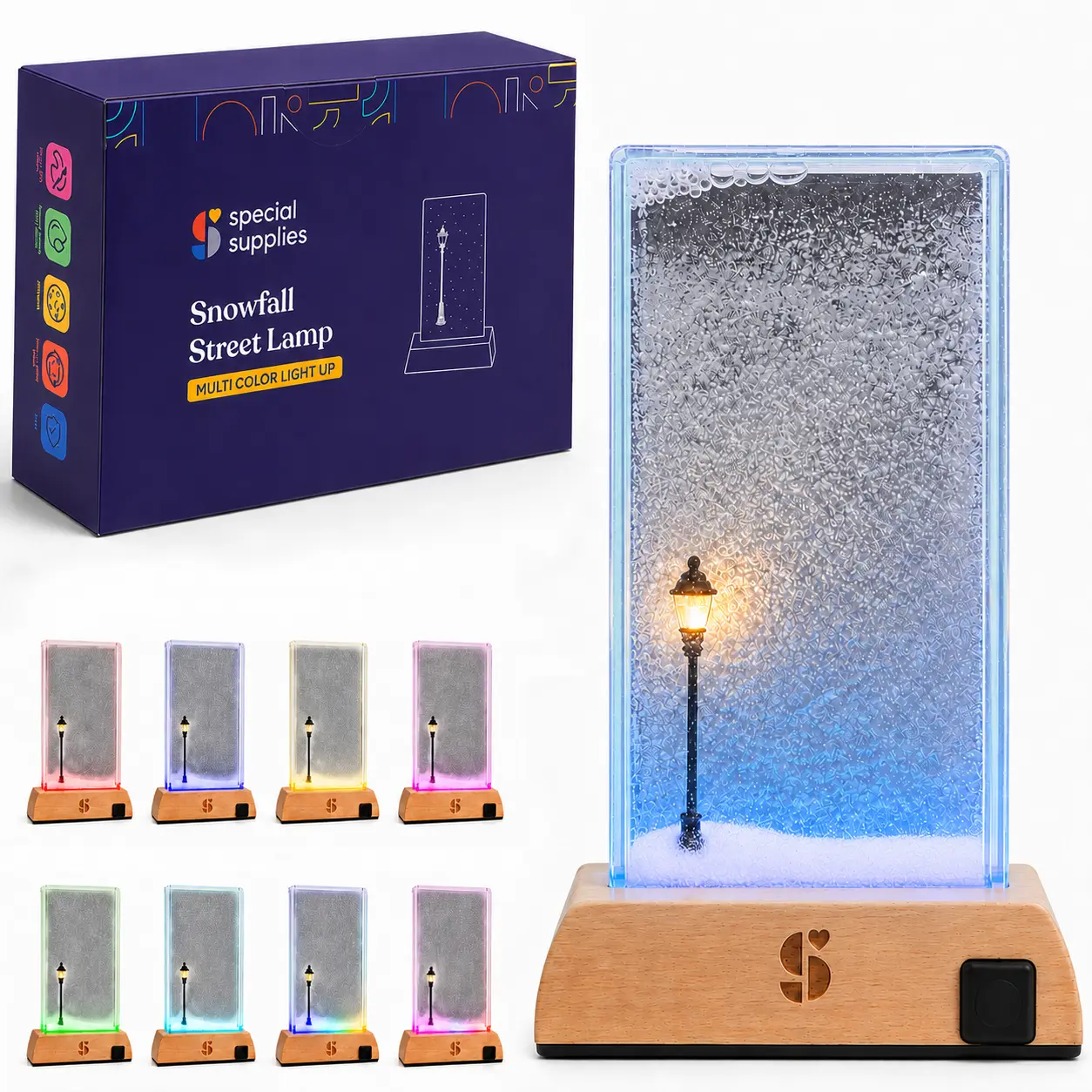 Special Supplies Soft Snowfall Glow Lamp with 3 Color LED Modes, Sensory Night Light with Floating Snow Effect, Acrylic Mood Lamp with Wooden Base for Bedroom Desk Office Relaxation Decor- EU Style