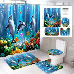 4pcs Vibrant Ocean-Themed Shower Curtain Set with Dolphins, Tropical Fish, and Coral Reefs - Complete Bathroom Decor with Bath Mat, U-Shaped Toilet Mat, and Toilet Lid Cover for Nautical Home Aesthetic and Coastal Vibes