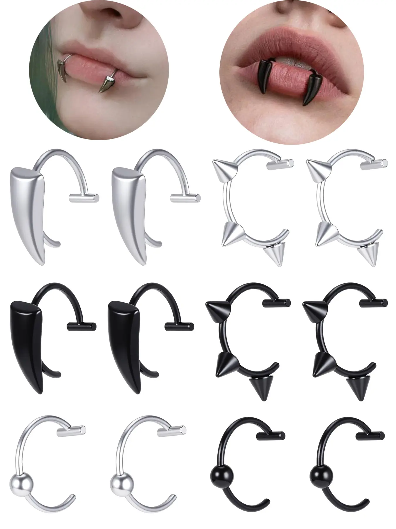 12Pcs Fake Lip Ring Mouth Ring Vampire Teeth Ring Fake Snake Bite Non-Piercing Fake Piercings Lip Cuff Ear Cuff Stainless Steel Adjustable Labret Body Jewelry Piercing Jewelry Set for Women Men Punk Dental Jewelry