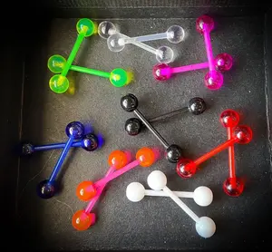 PAIR Flexible Barbell Nipple or Tongue Rings PTFE Transparent Balls NO METAL