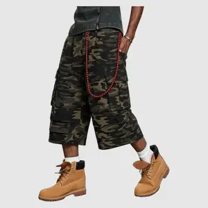 Men's Cotton Y2K Camo Cargo Shorts, Retro Dark Camouflage Baggy Fit Capri Pants with Multi-Pockets & Elastic Waist, 90s Hip Hop Streetwear Jorts for Men
