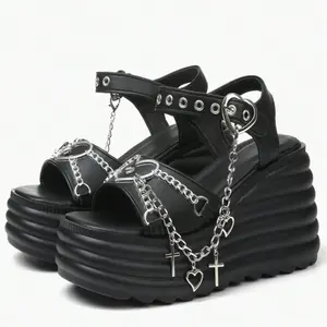Clearance Sale Platform Sandals For Women Sweet Gothic Punk Heart Chain Buckle Comfort Square Toe High Slop Heel Wedge Sandals Web Embroidered Spider Black Flatform Walking Shoes Footwear Girl Summer