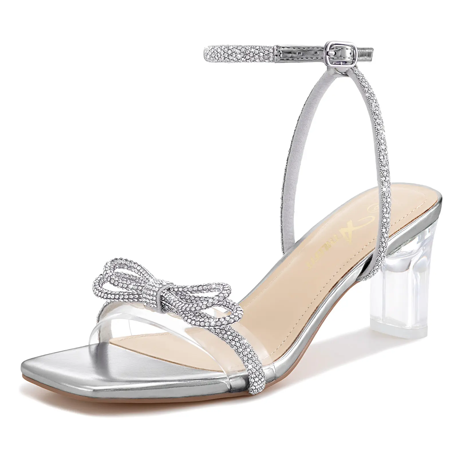 Women's Bejeweled Heeled Sandals with Rhinestone Bow, Square Open Toe Low Block Heels with Adjustable Ankle Strap for Parties, Sandals Women, Heels For Women