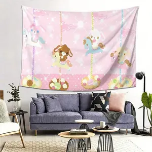 Tapestry Adorable Bunny Tapestry - Lightweight, Durable Wall Decor With Pastel Rabbits And Horses Design, Soft Peach Light Beige Fabric, Perfect For Bedroom, Living Room, Office, Or Party Decoration, Party Backdrop |   Whimsical Tapestry |   Soft Texture