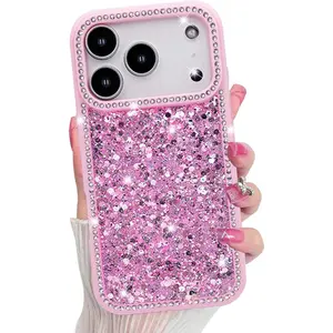 Phone case for iPhone 17 16 15 14 13 Pro max Case, Sparkly Crystal Diamonds Rhinestone Border with Shiny Glitter Sequins Phone Cover for Women Girls, Transparent TPU Bling Slim Protective Case