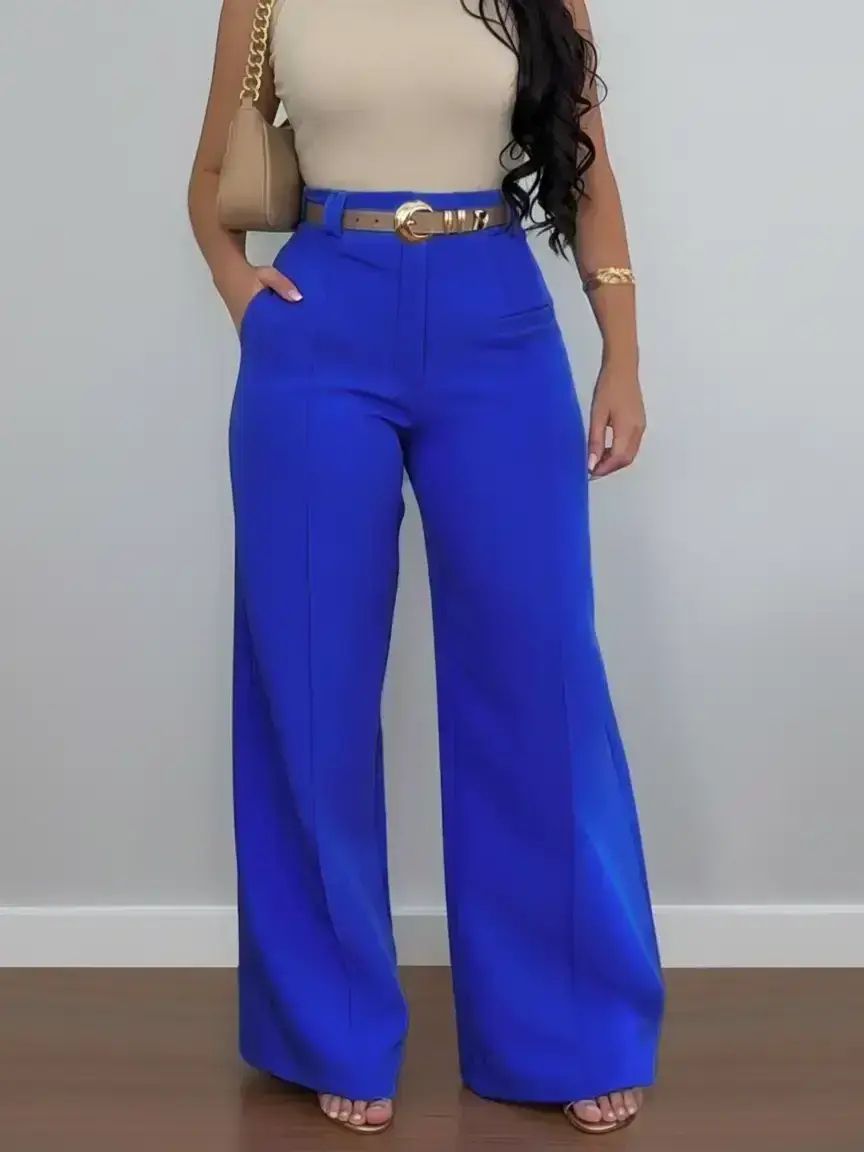 Women's Plain Pocket Wide Leg Stretchy Jersey Pants, Casual Minimalist Pants, Casual Comfy Trousers for Spring & Fall, Women's Bottoms for Daily Wear, Casual Fashion Pants, Blue, Casual Fitted Bottoms