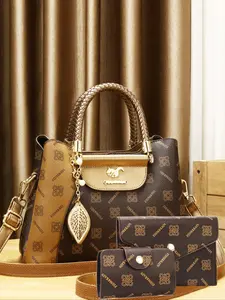Women's Elegant Leaf Charm All Over Print Braid Strap Design Tote Bag & Clutch & Wallet, Fashionable Pu Leather Bag Set for Daily Use