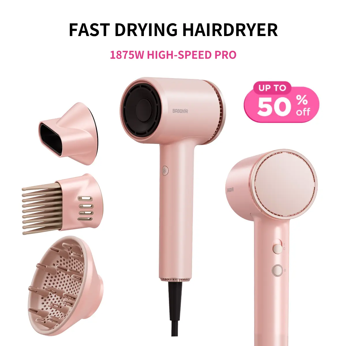 BABONIR High-Speed Hair Dryer 1875W Ionic & Plasma Blow Dryer, Compact Fast Drying Blow Dryer with Diffuser Concentrator & Comb Nozzle, Low-Temp Styling Mode, Comb Nozzle Cool Shot Compact Pro for Home Travel Salon,Christmas Gifts Holiday Gift Pink summer