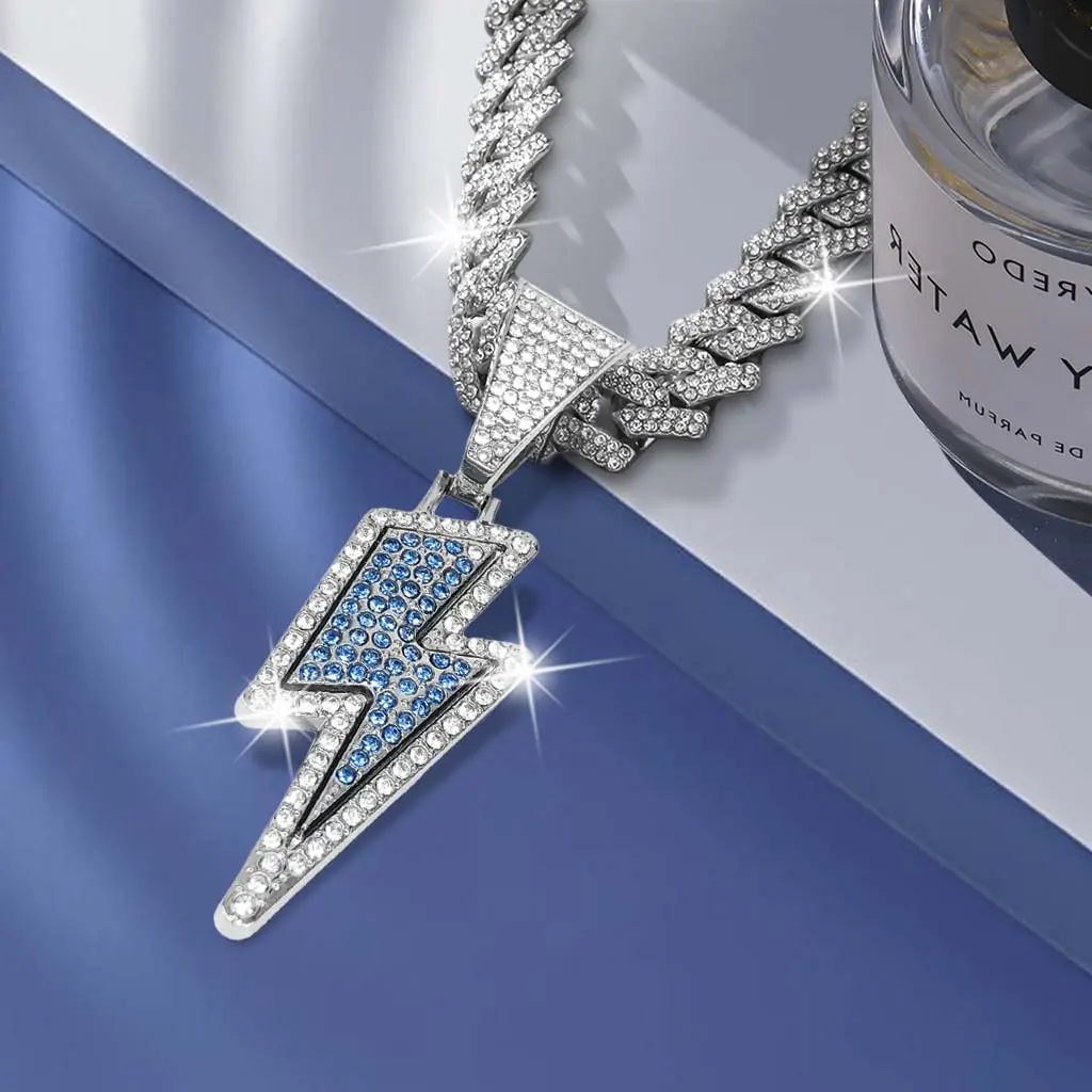 Lightning Pendant Miami Cuban Link Chain Necklace Iced Out Bling Rhinestone Hip Hop Unisex Jewelry for Men Women