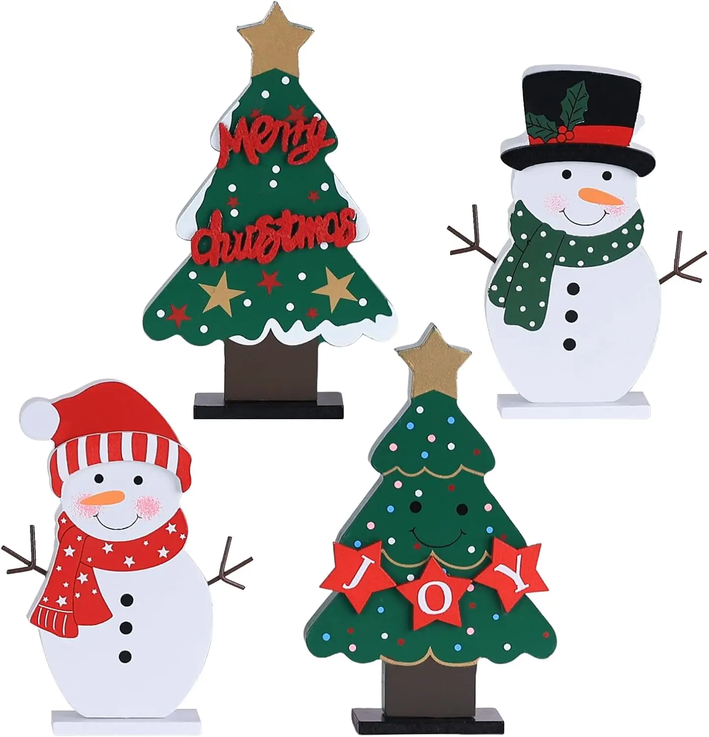 Christmas Decorations Indoor, 4 PCS Wood Christmas Trees & Snowmen for Centerpiece Table Decorations, Wooden Tiered Tray for Xmas Decor, Home, Winter, Tabletop, Mantel, Shelf, Gifts