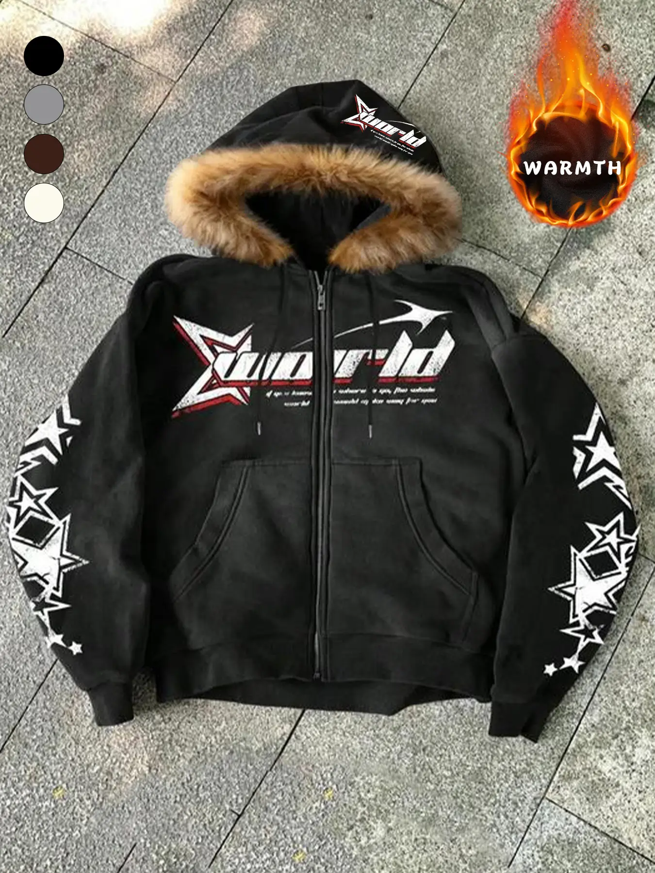 Thick Fleece Lined Fabric Black Long Sleeve Hooded Zippered Jacket | Retro Street Style Streetwear Casual Zip Up Top with Brown Fur Collar | Bold Graphic Print Oversize Winter Outerwear