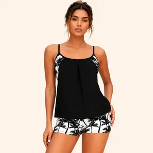 Women Black White Palm Print Tankini Set 2 Piece Swimsuit with Shorts Loose Swing Swim Top Open Back Design Spaghetti Strap Resort Vacation Beach Pool Swimwear Outfit for Women