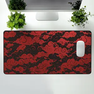Japanese Cloud Desk Mat – Red & Black Oriental Gaming Mousepad, Large Non-Slip Aesthetic Desk Pad for PC & Office, Anime Mouse Pad, Desk Accessories
