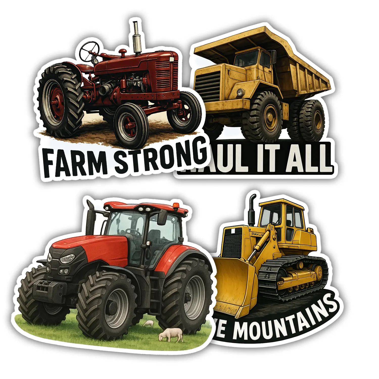 4pcs Agriculture & Industry Stickers Pack — Waterproof Vinyl Heavy Machinery Inspired Decals for Laptop, Toolbox, Helmet, Water Bottle, Perfect Gift for Hardworking Men and Farmers