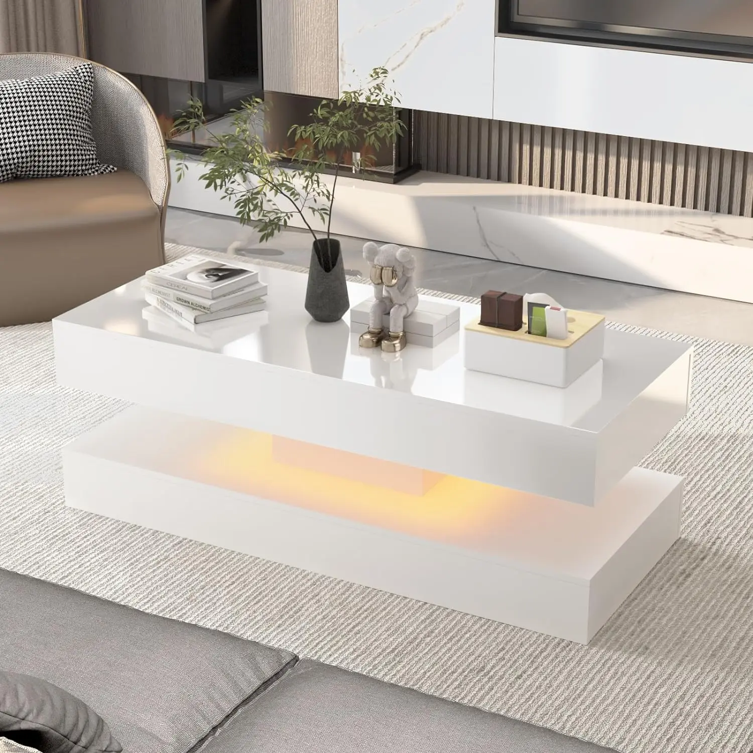 High Glossy LED Coffee Table,Modern Coffee Table for Living Room,Living Room Tables,Large Living Room Furniture,APP LED Lights,Black/White Coffee Table for Living Room (Black) Pedestal Tabletop Mode