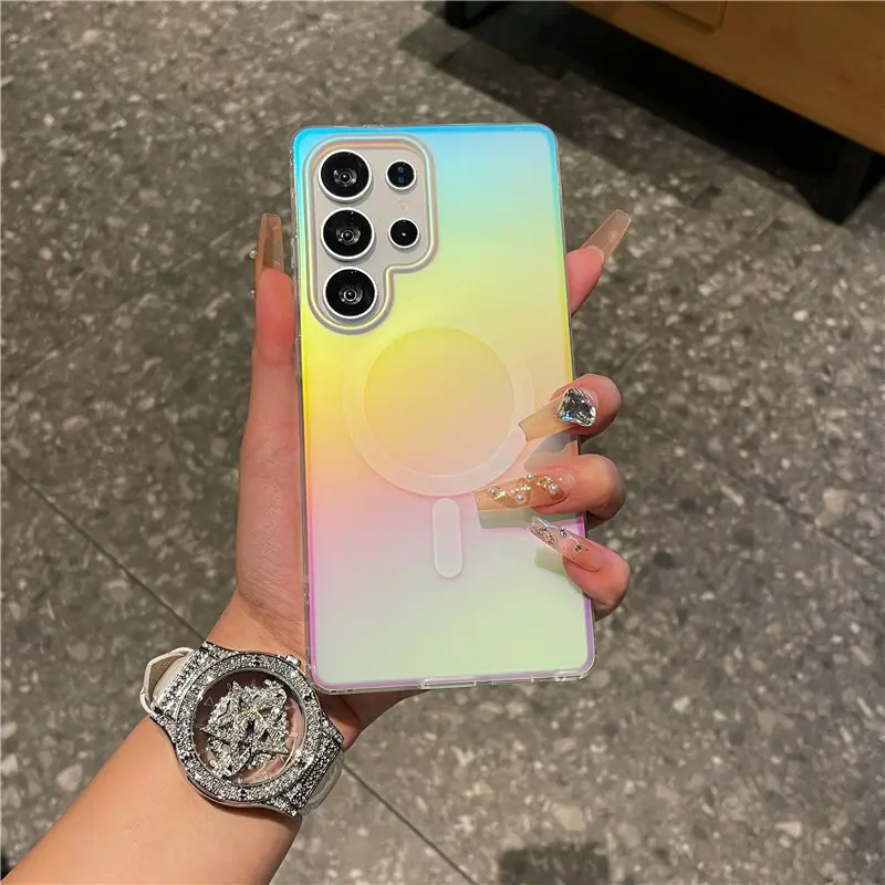 3PCS (1 Phone Case + 2 Tempered Glass Screen Protectors) Fashionable laser gradient rainbow magnetic Smartphone case, suitable For Samsung Galaxy S26 S25 S24FE S23 Ultra Plus matte protective case