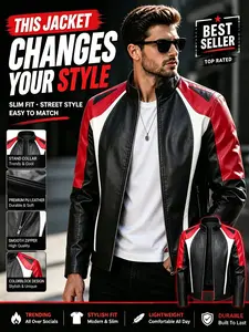 Men's Colorblock Stand Collar PU Leather Jacket, Motorcycle Style Windproof Coat, Casual Streetwear for All Seasons