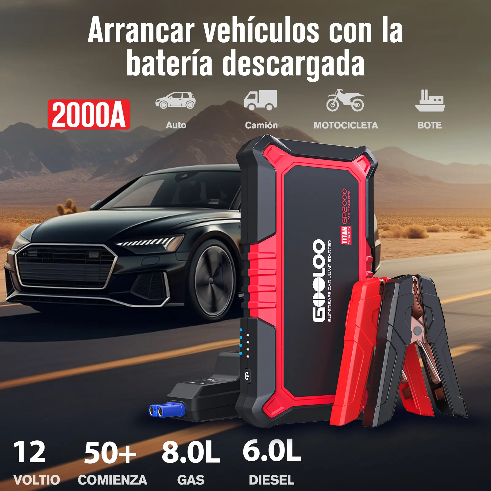GOOLOO Nuevo arrancador GP2000, arrancador de puente para automóvil de 12 V 2000 A (hasta 8,0 L de gasolina, motores diésel de 6,0 L), cargador de batería portátil SuperSafe, paquete de refuerzo de caja de litio automático con carga rápida USB, rojo