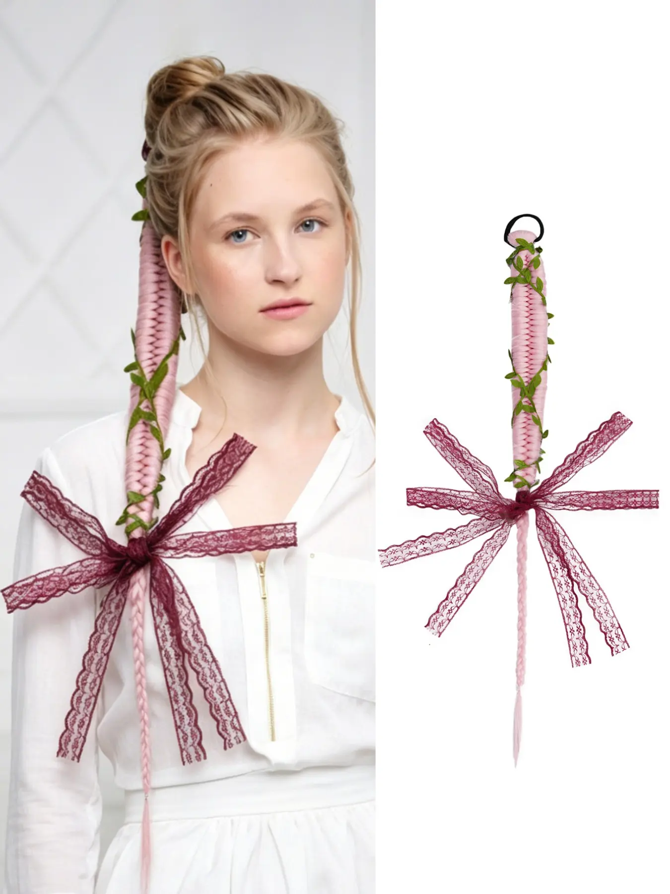 Braided Ponytail Extension with Burgundy Lace Bow & Vine, Light Synthetic Hairpiece, K-Pop Y2K Style, Easy Install Ponytail