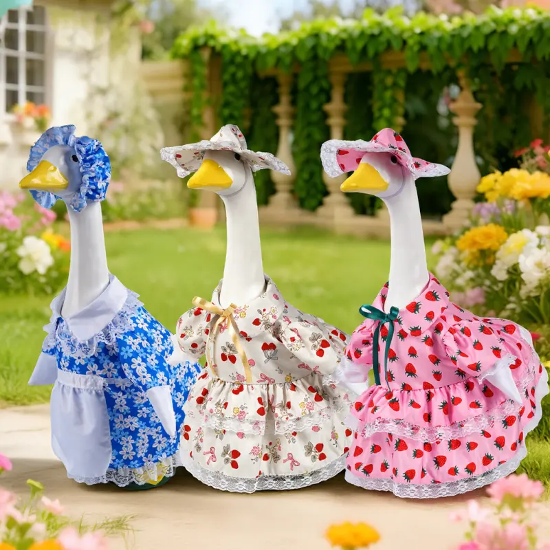 Goose costume on the 23-inch statue porch-printed goose costume with strawberry and flowers in Easter and spring, decorated with outdoor courtyard lawn, suitable for garden parties.