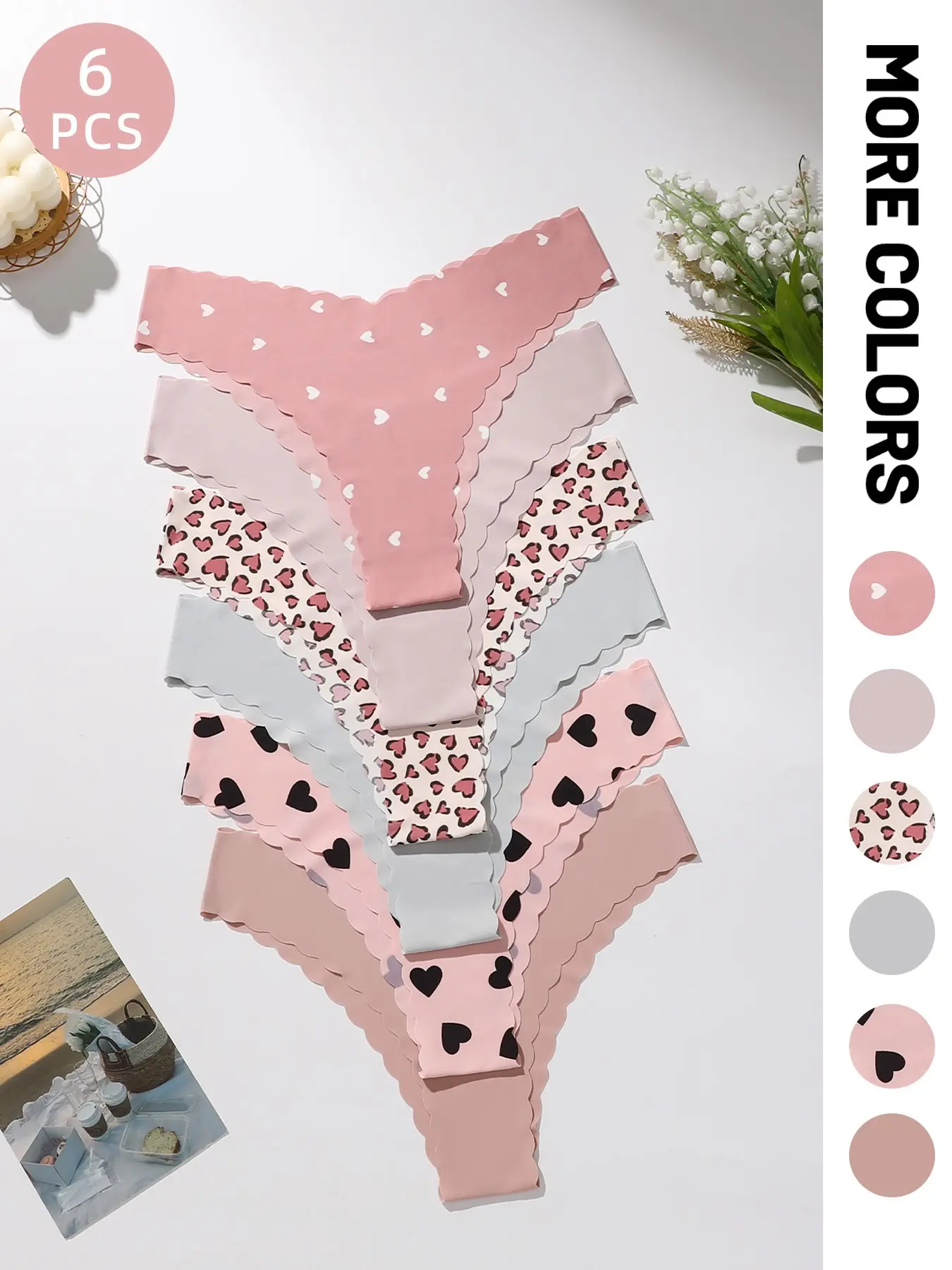 6-Pack Low-Rise Seamless Adhesive Thongs Womenswear - Scalloped Edge, Heart/Leopard Prints & Soft Pastel Macaron Colors